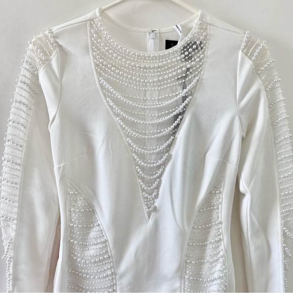 NWT Starlet Bead Embellished Sheer Mesh Panels Long Sleeve Mini Dress White 2 - Picture 5 of 14
